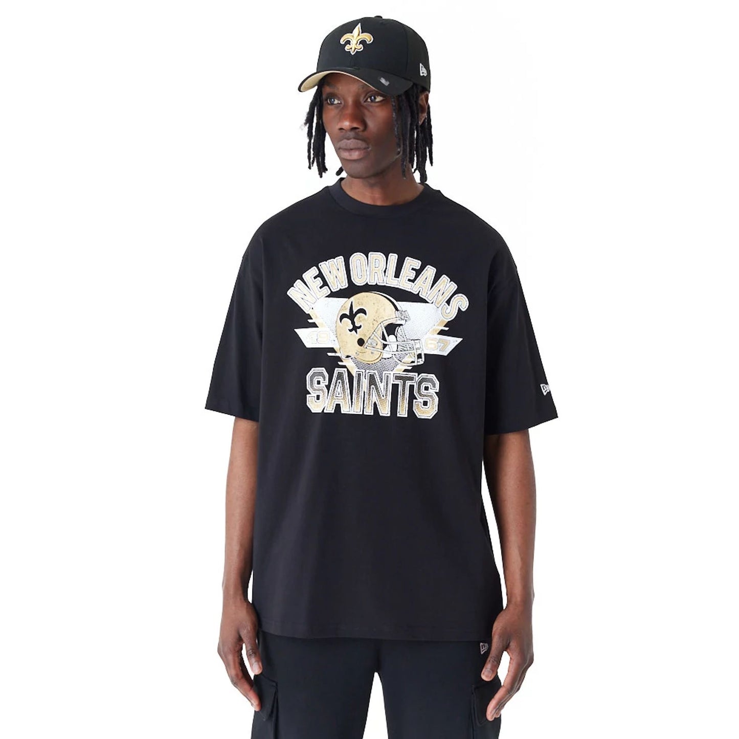 The Male model is wearing New Orleans Saints NFL Black Oversized T-Shirt 1