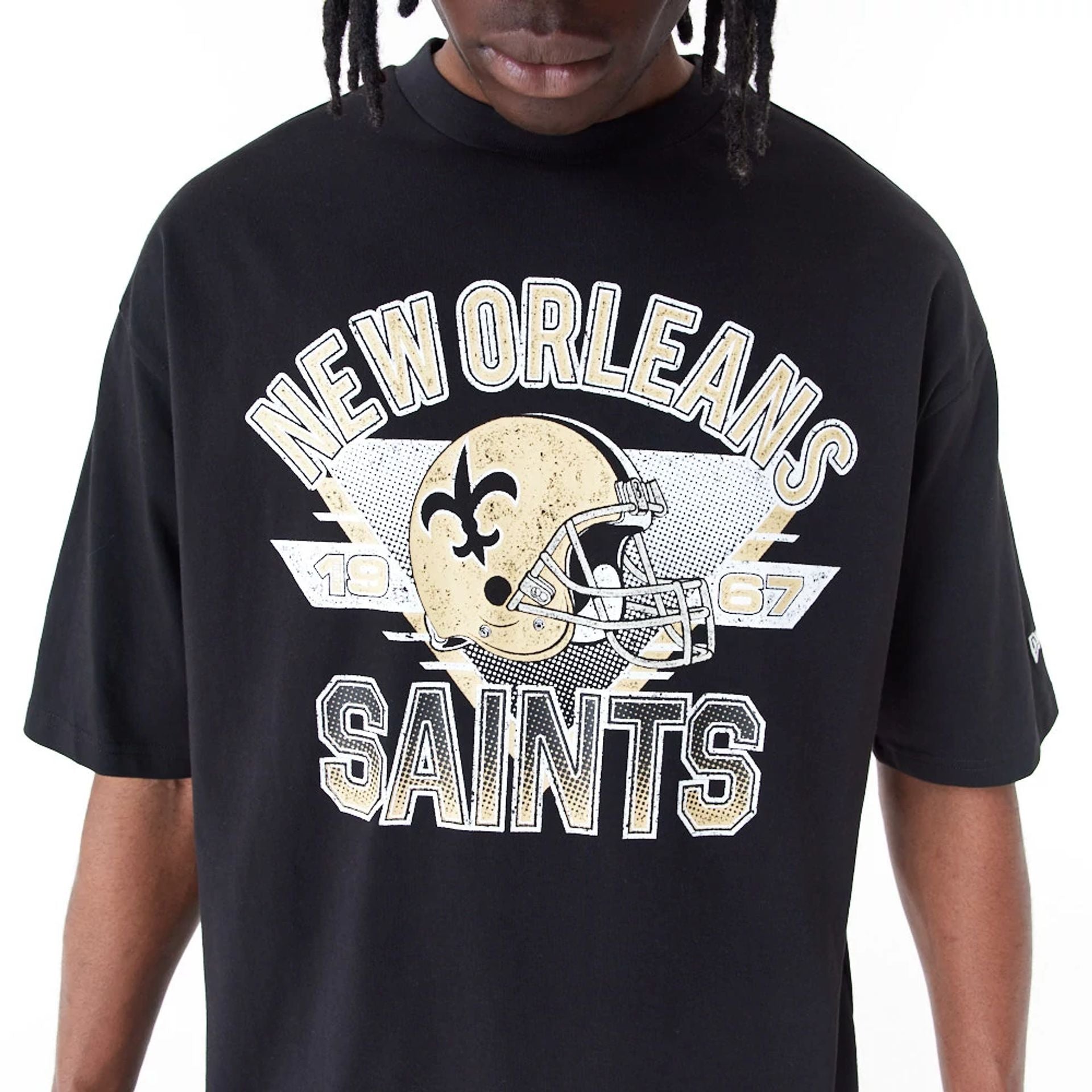 The Male model is wearing New Orleans Saints NFL Black Oversized T-Shirt 4