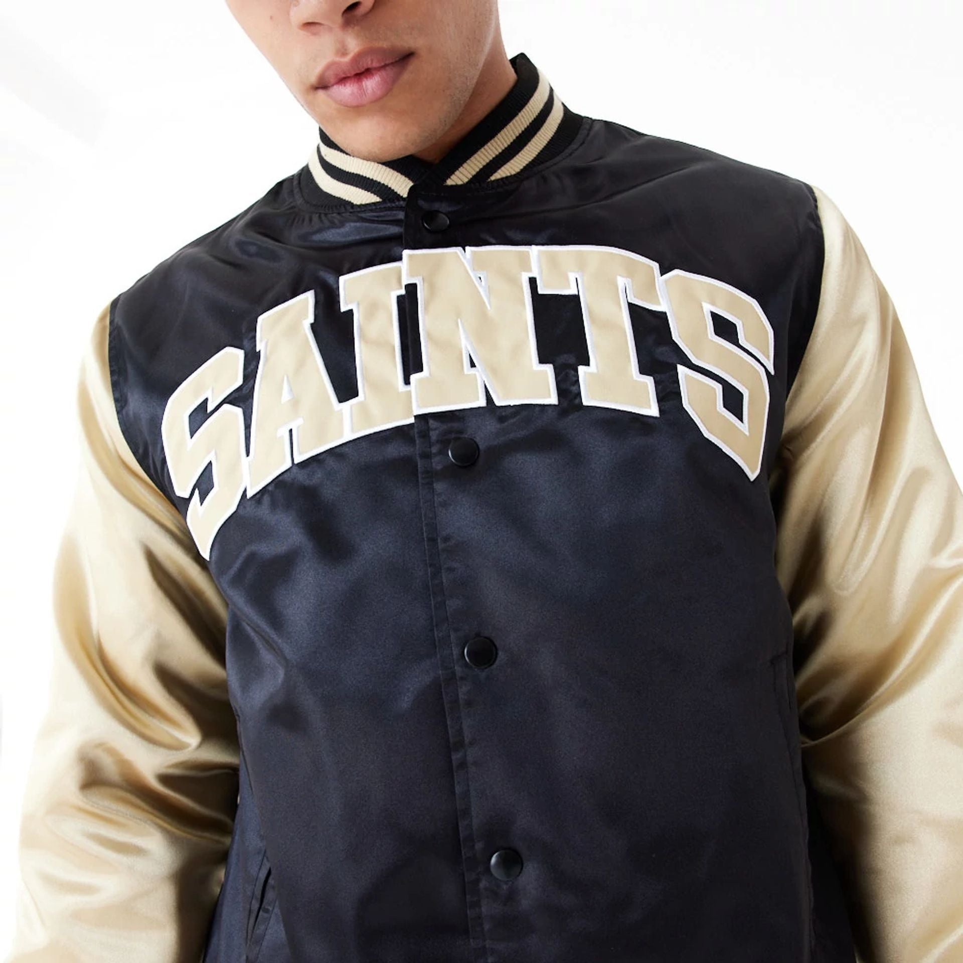 The Male model is wearing New Orleans Saints NFL Satin Black Bomber Jacket 6