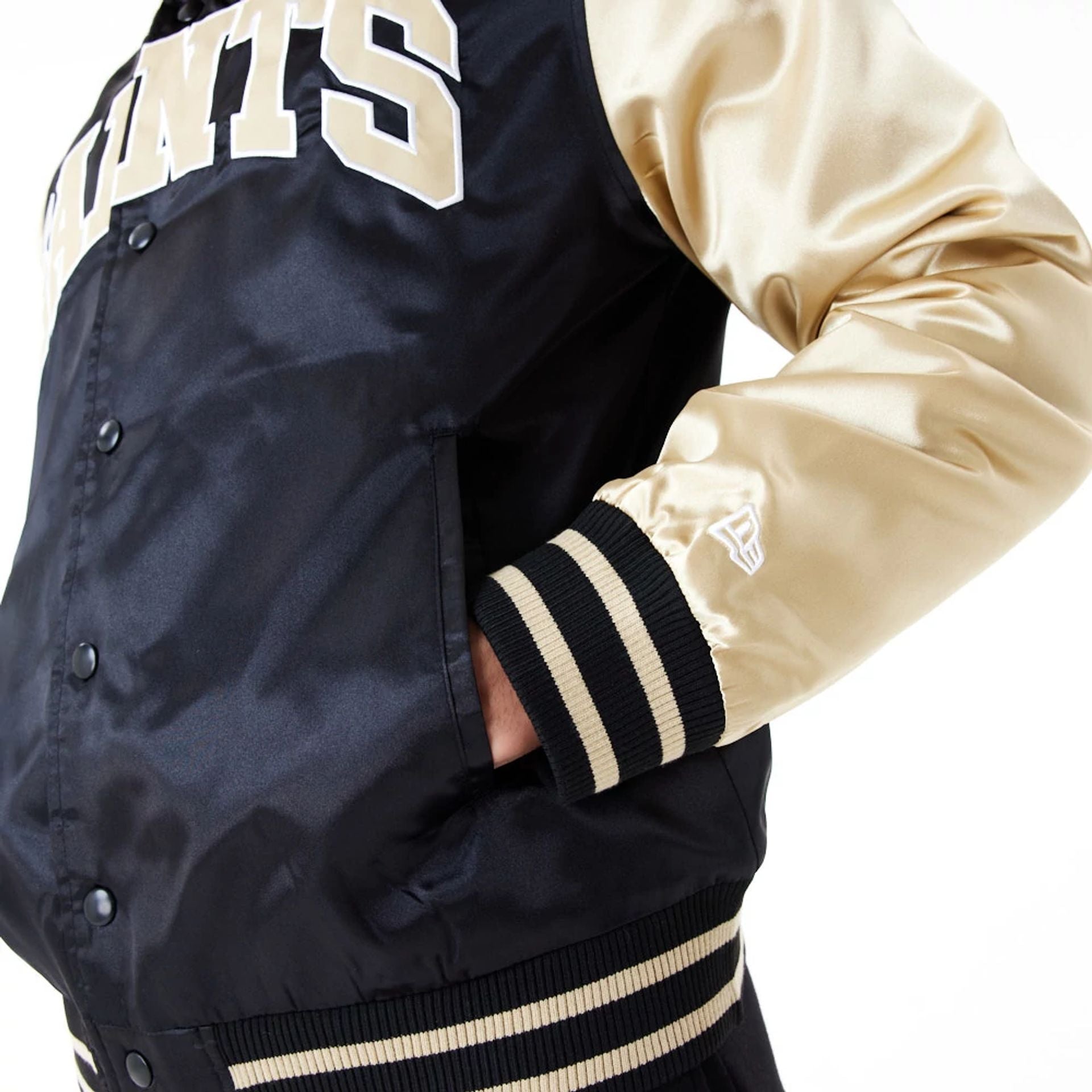 The Male model is wearing New Orleans Saints NFL Satin Black Bomber Jacket 7