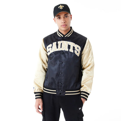 The Male model is wearing New Orleans Saints NFL Satin Black Bomber Jacket 1