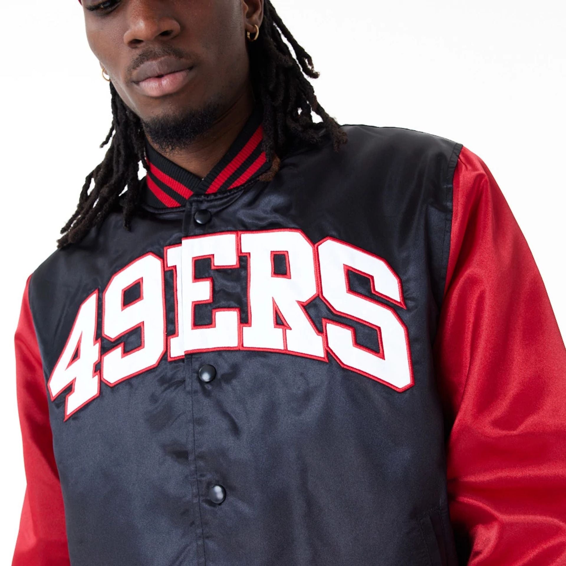 The Male model is wearing San Francisco 49Ers NFL Shiny Satin Black Bomber Jacket 8