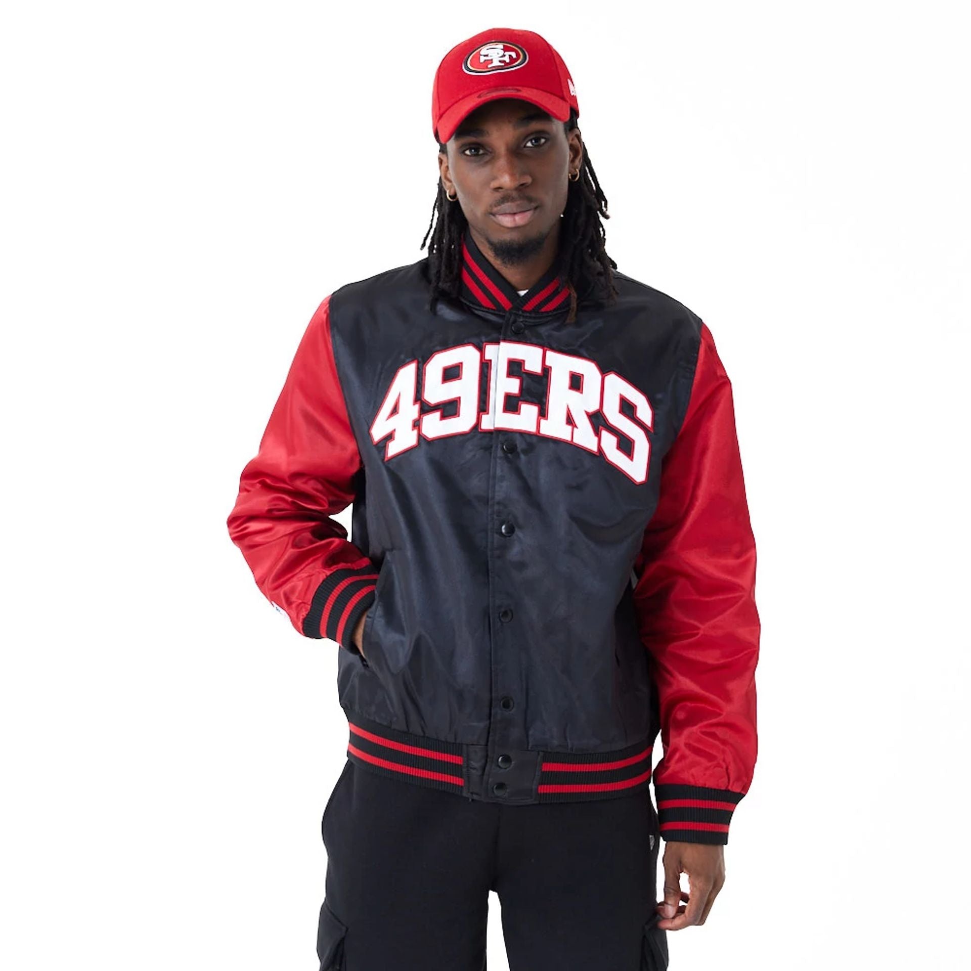 The Male model is wearing San Francisco 49Ers NFL Shiny Satin Black Bomber Jacket 1