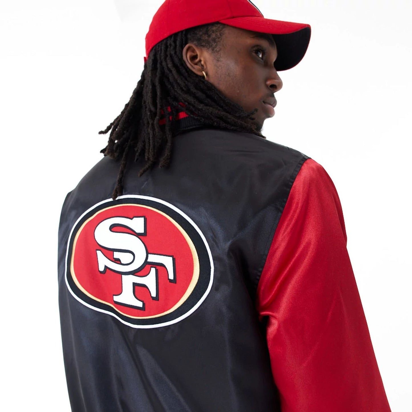 The Male model is wearing San Francisco 49Ers NFL Shiny Satin Black Bomber Jacket 4