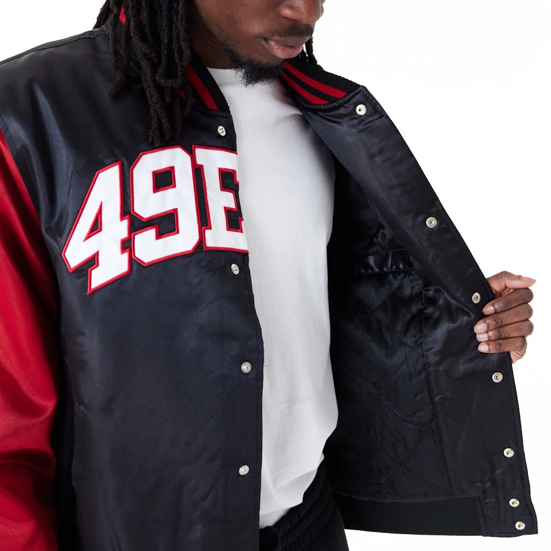 The Male model is wearing San Francisco 49Ers NFL Shiny Satin Black Bomber Jacket 5