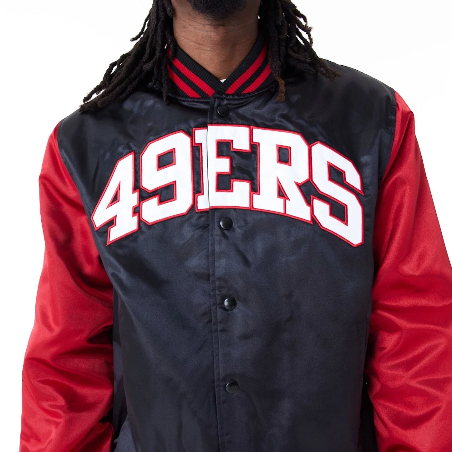 The Male model is wearing San Francisco 49Ers NFL Shiny Satin Black Bomber Jacket 3