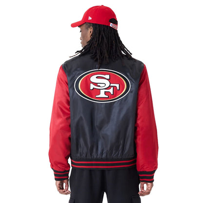 The Male model is wearing San Francisco 49Ers NFL Shiny Satin Black Bomber Jacket 2