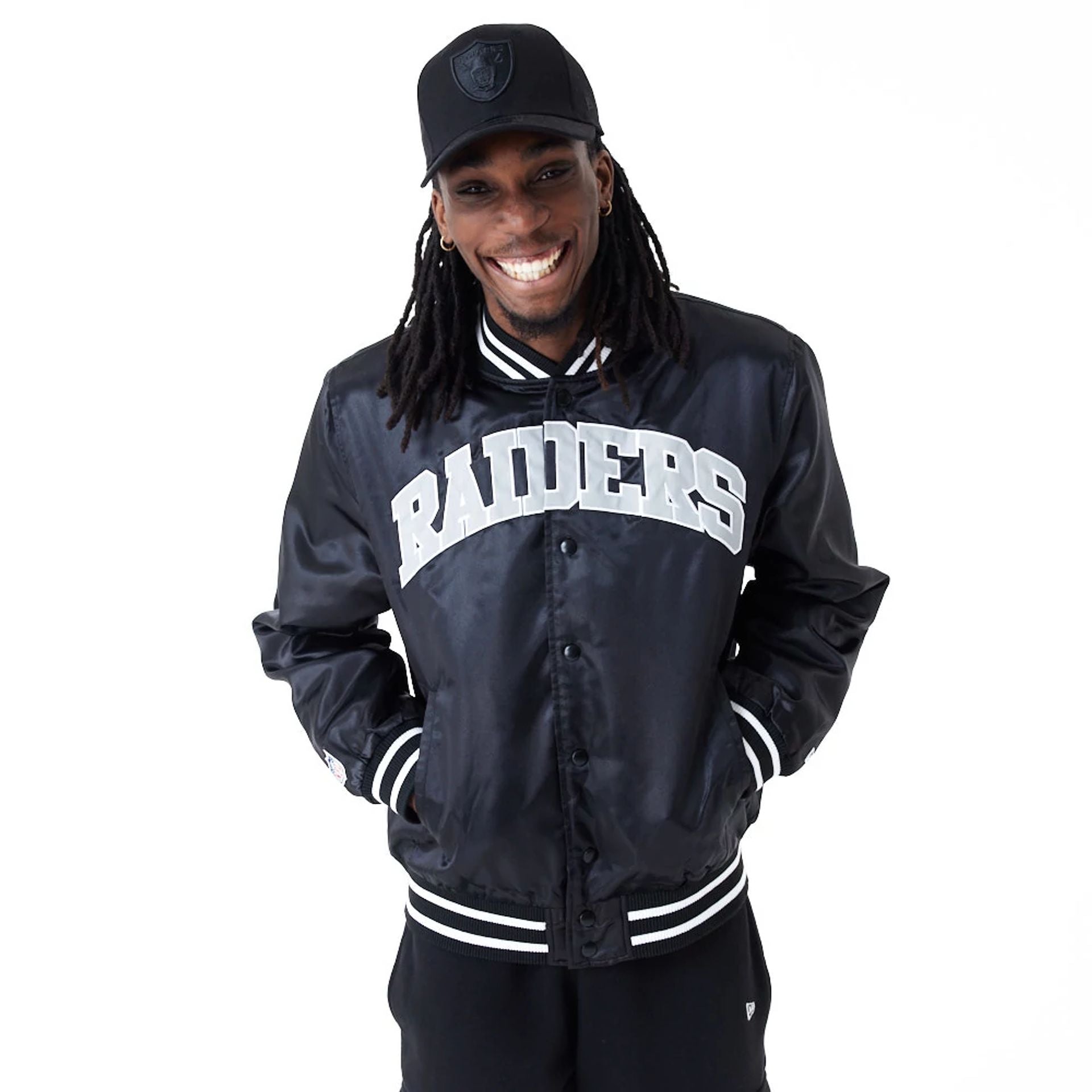 The Male model is wearing Las Vegas Raiders NFL Shiny Satin Black Bomber Jacket 1