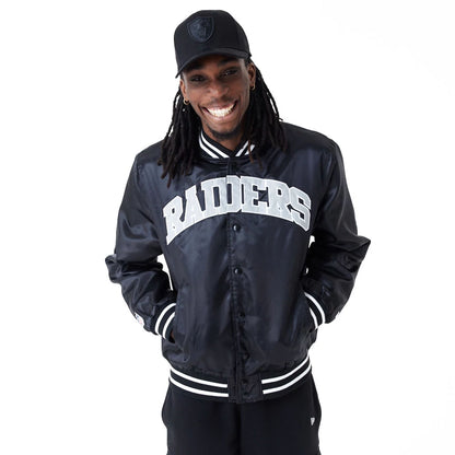 The Male model is wearing Las Vegas Raiders NFL Shiny Satin Black Bomber Jacket 1