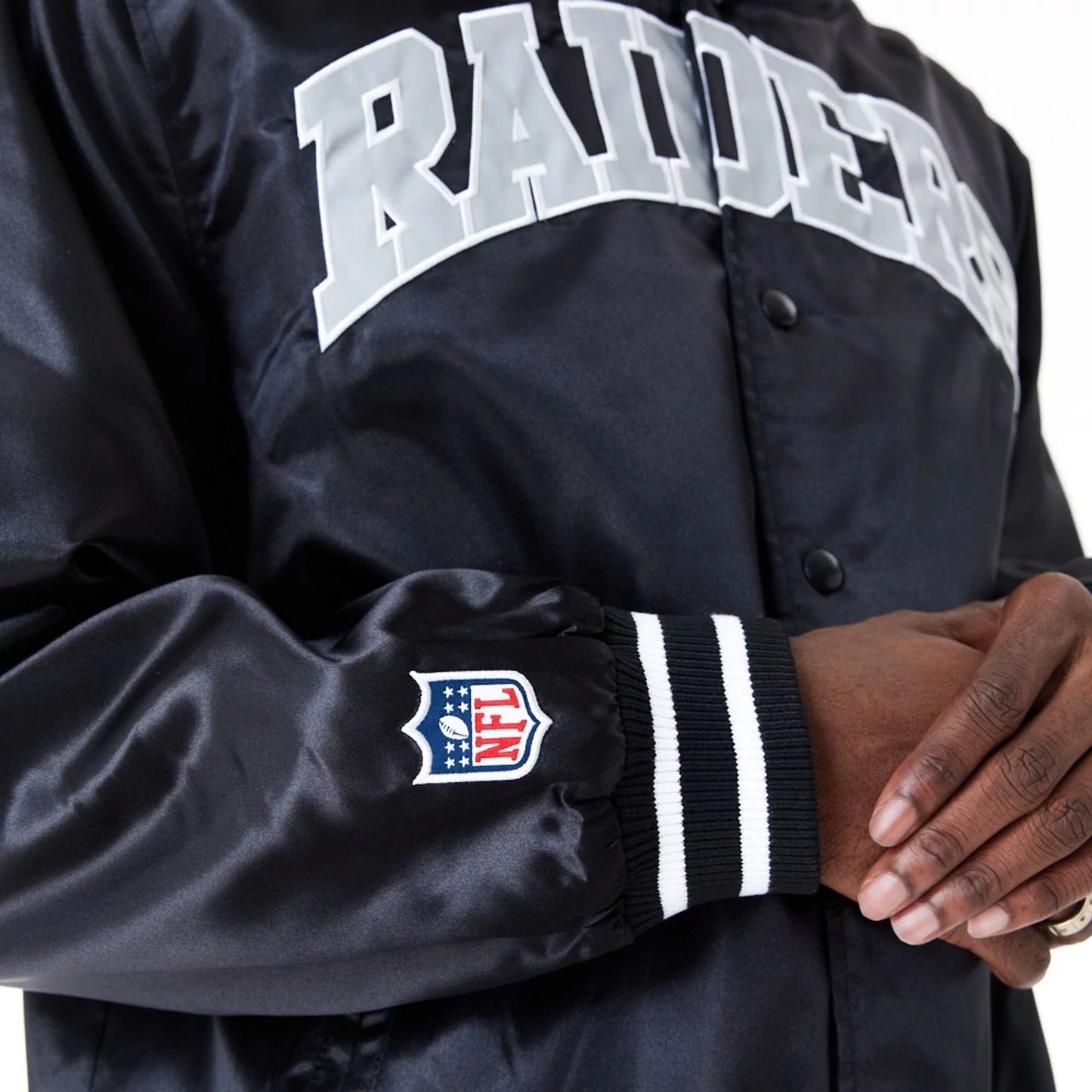 The Male model is wearing Las Vegas Raiders NFL Shiny Satin Black Bomber Jacket 5