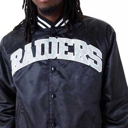 The Male model is wearing Las Vegas Raiders NFL Shiny Satin Black Bomber Jacket 2