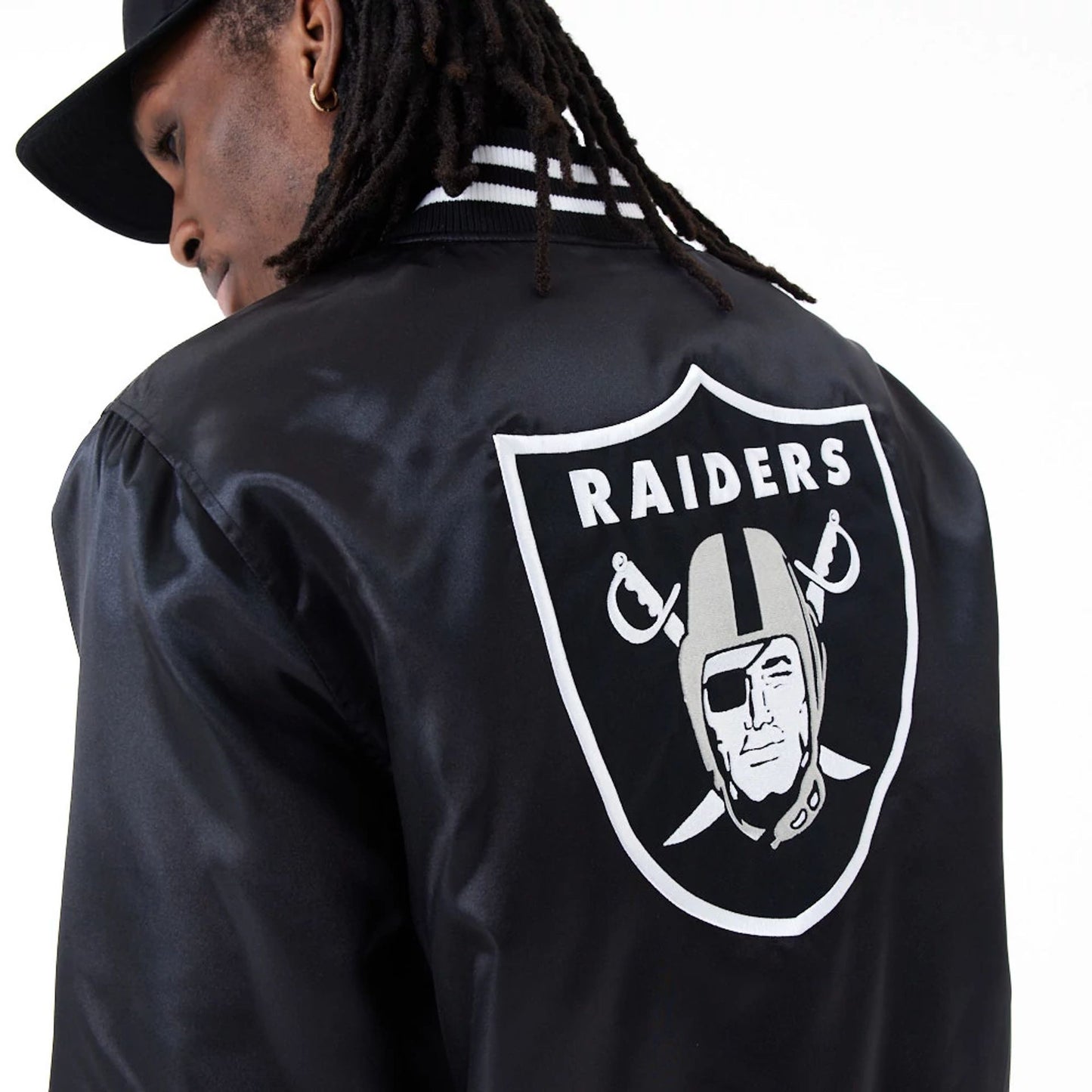 The Male model is wearing Las Vegas Raiders NFL Shiny Satin Black Bomber Jacket 3