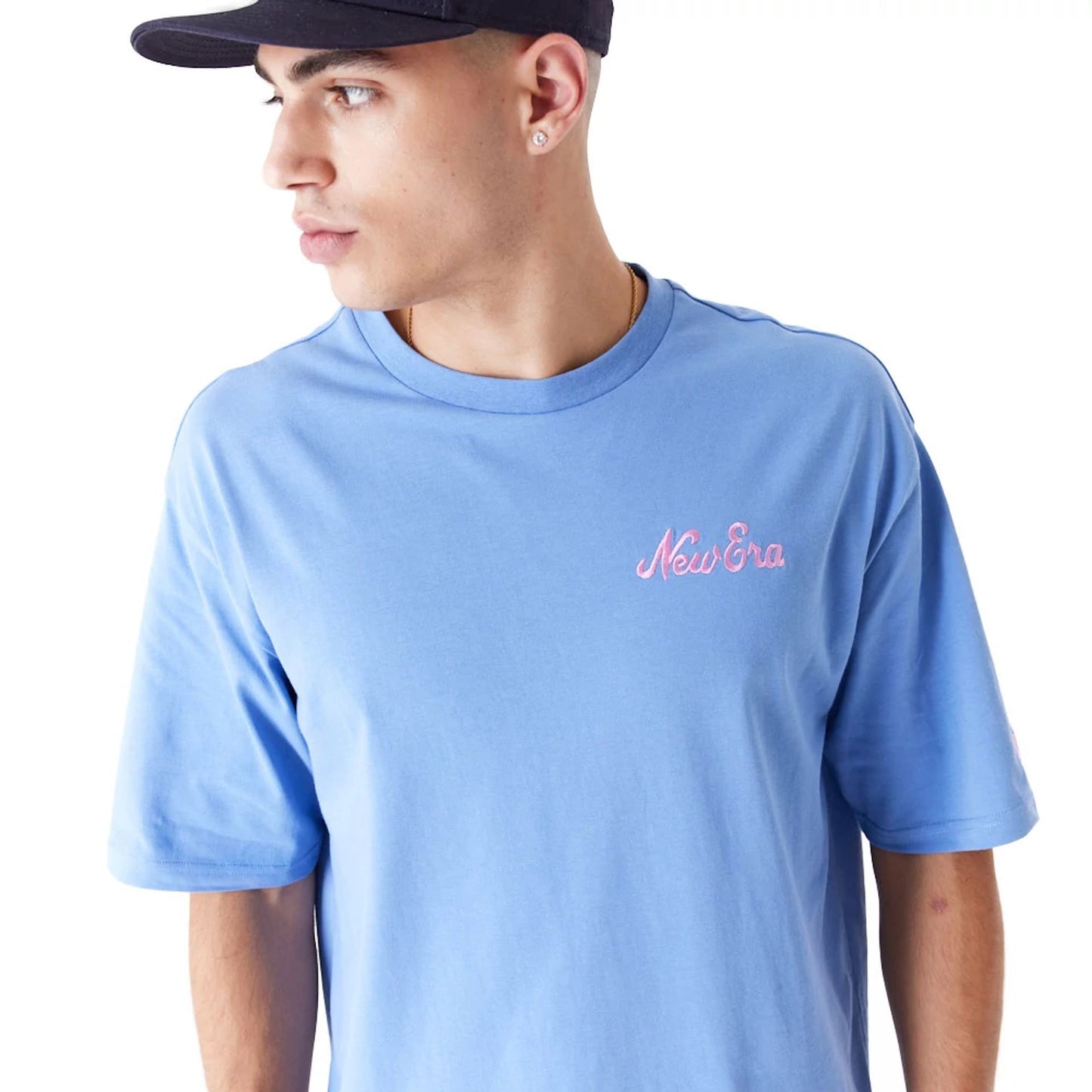 The Male model is wearing New Era Food Graphic Blue Oversized T-Shirt 3