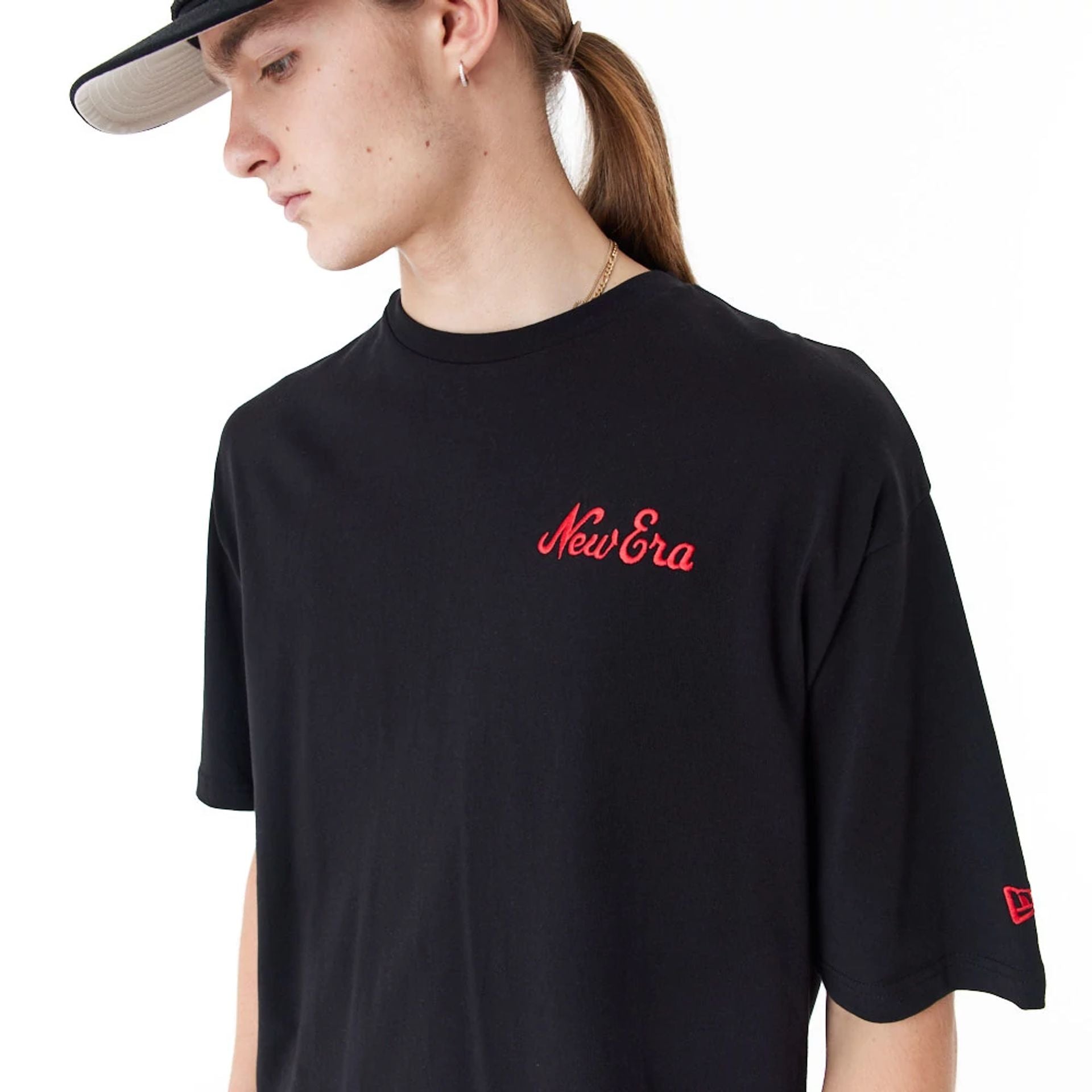 The Male model is wearing New Era Food Graphic Black Oversized T-Shirt 5