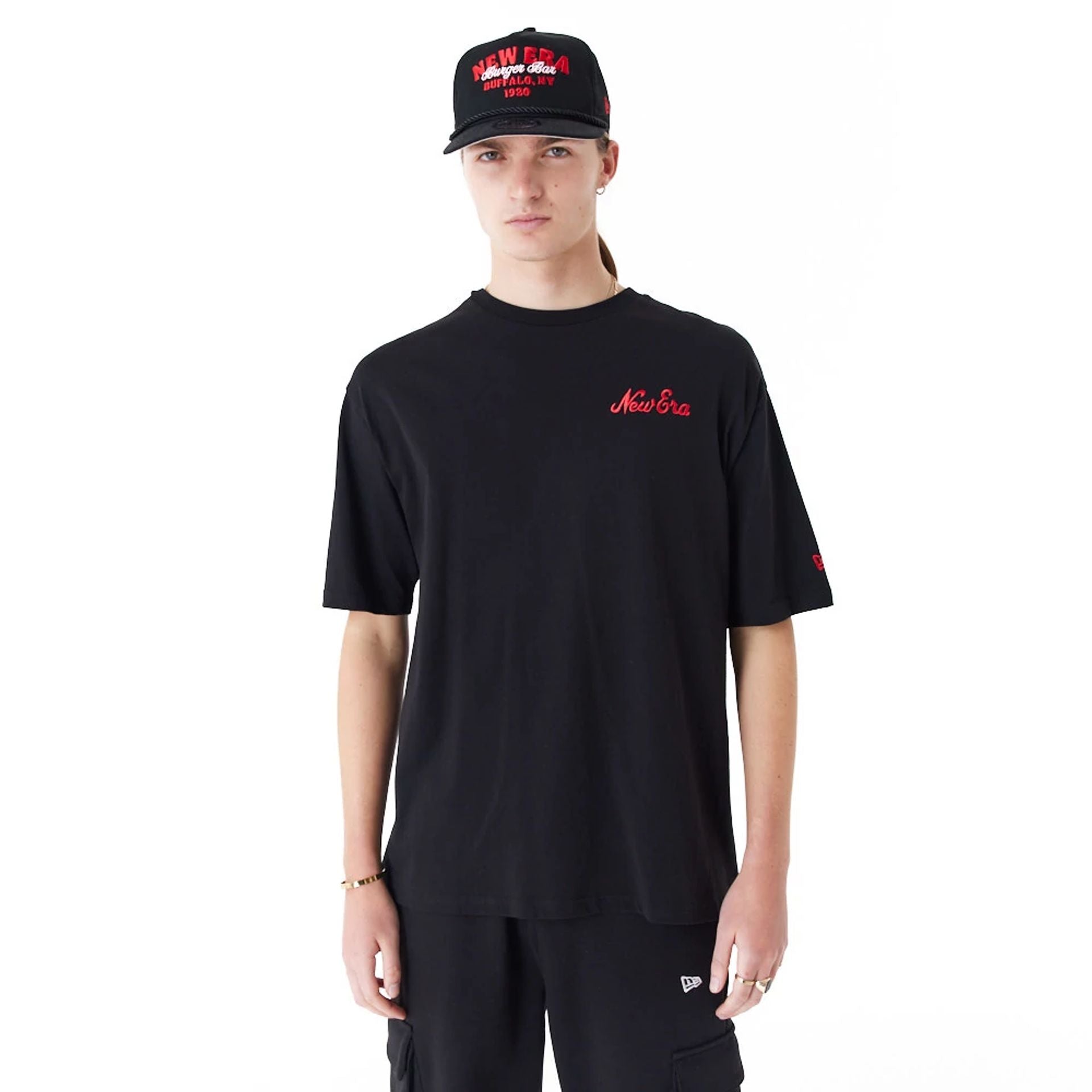 The Male model is wearing New Era Food Graphic Black Oversized T-Shirt 7