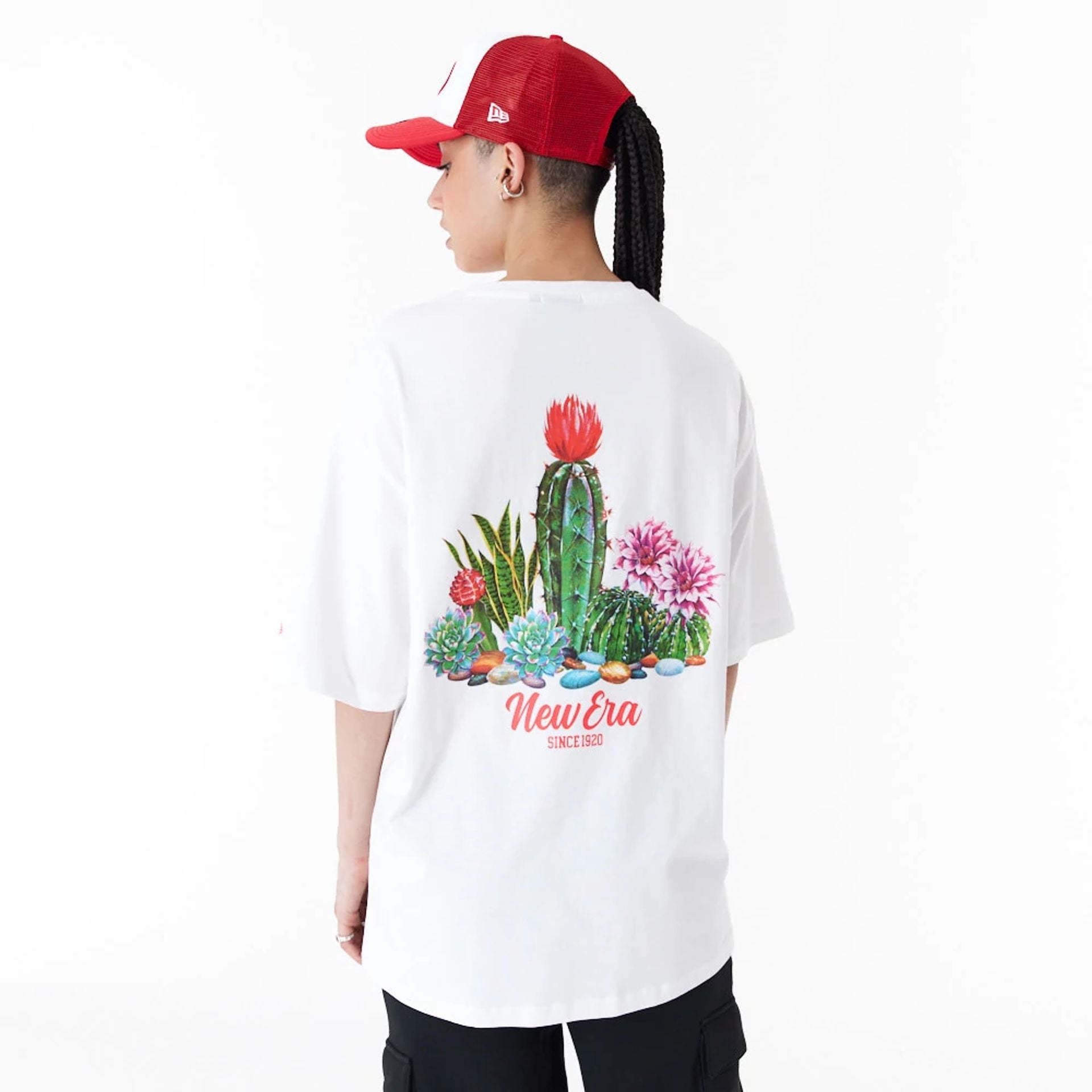 The Male model is wearing New Era Cactus Graphic White Oversized T-Shirt 3