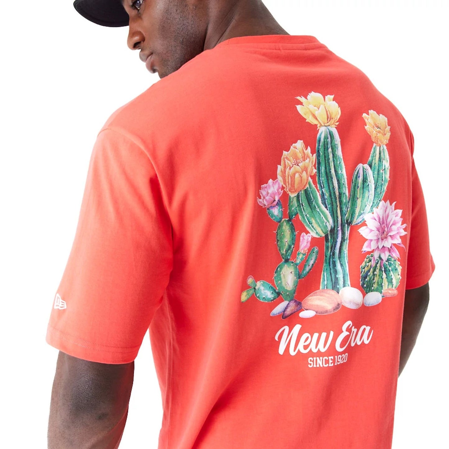 The Male model is wearing New Era Cactus Graphic Red Oversized T-Shirt 2