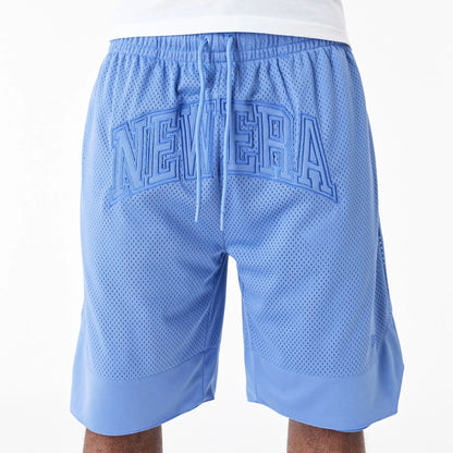 The Male model is wearing New Era Arch Logo Blue Mesh Shorts 2