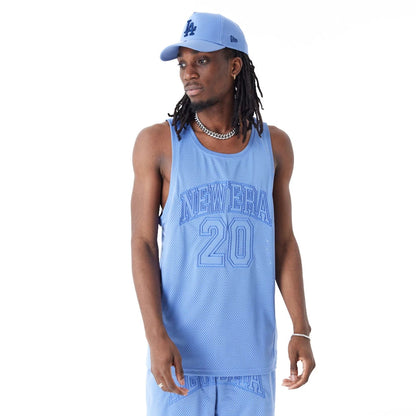 The Male model is wearing New Era Arch Logo Blue Mesh Tank Top 1