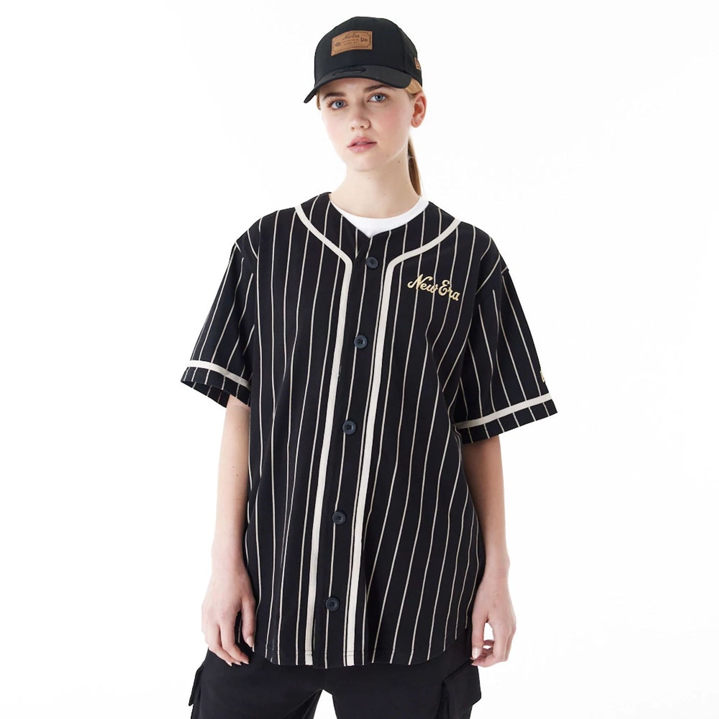 The Male model is wearing New Era Pinstripe Black Jersey 7