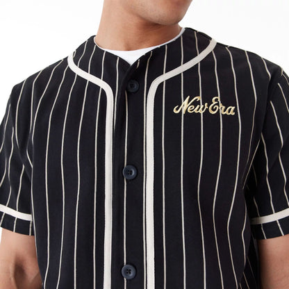 The Male model is wearing New Era Pinstripe Black Jersey 2