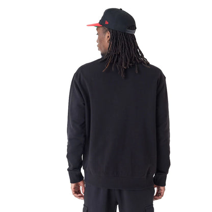 The Male model is wearing Chicago Bulls NBA Arch Graphic Black Oversized Crew Neck Sweatshirt 2