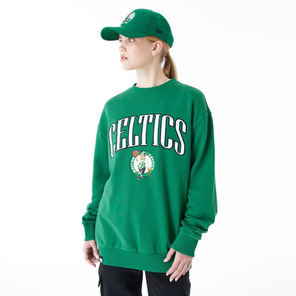 The Male model is wearing Boston Celtics NBA Arch Graphic Green Oversized Crew Neck Sweatshirt 3