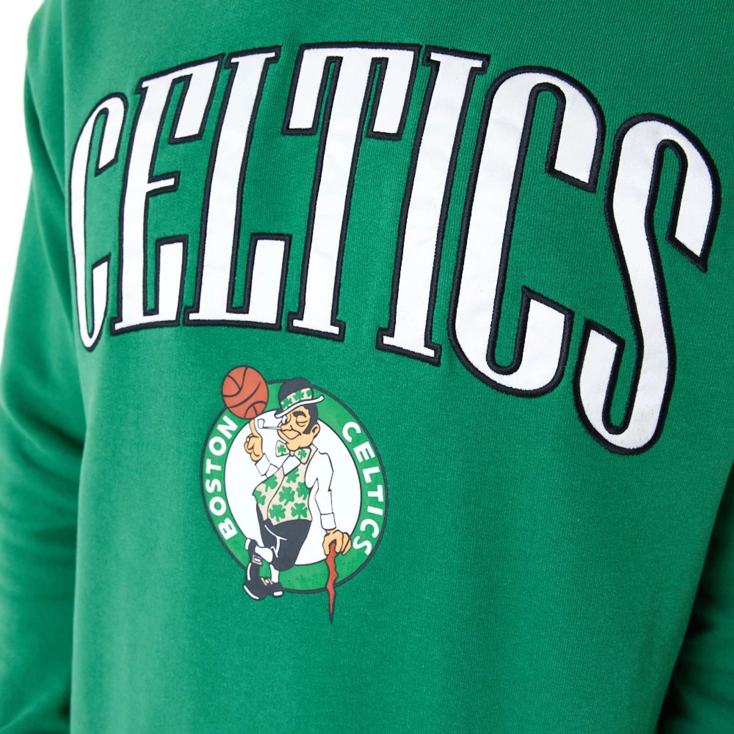 The Male model is wearing Boston Celtics NBA Arch Graphic Green Oversized Crew Neck Sweatshirt 7