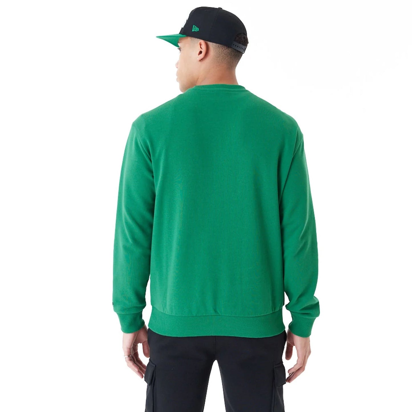 The Male model is wearing Boston Celtics NBA Arch Graphic Green Oversized Crew Neck Sweatshirt 8