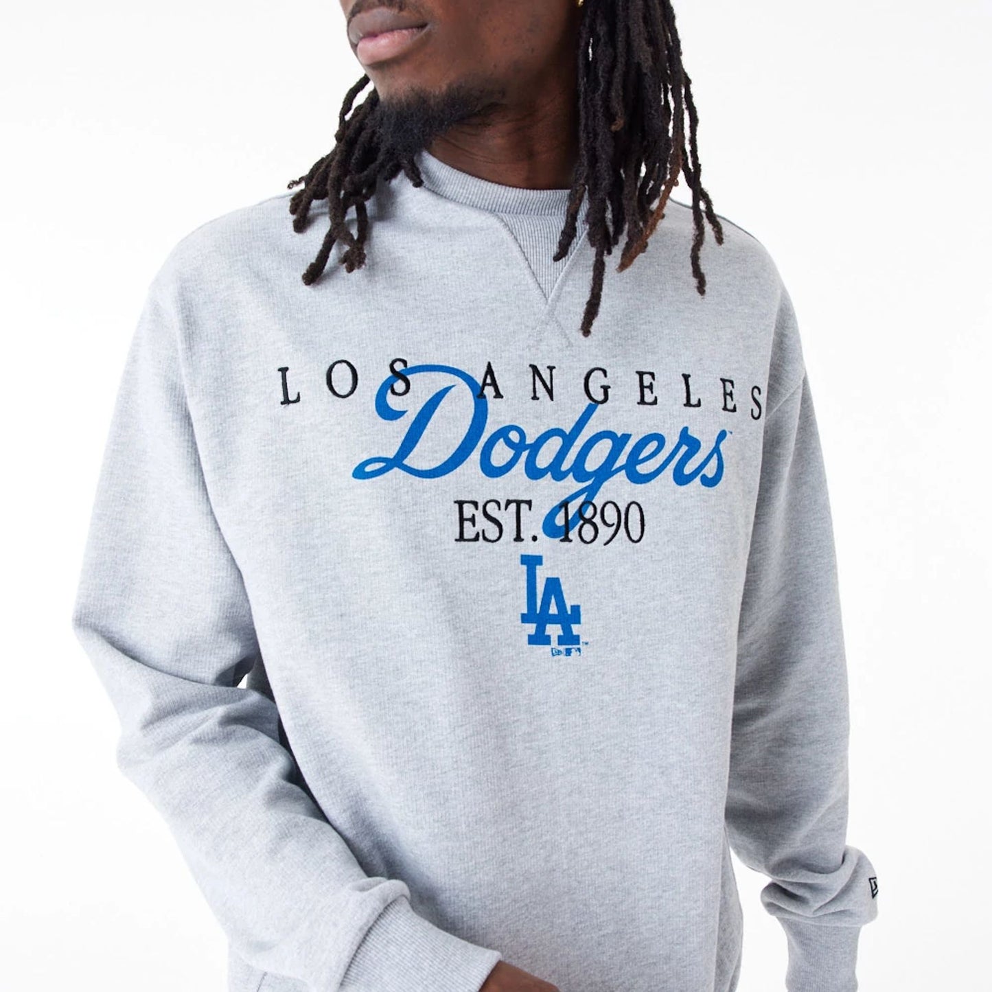 The Male model is wearing LA Dodgers MLB Lifestyle Grey Crew Neck Sweatshirt 7