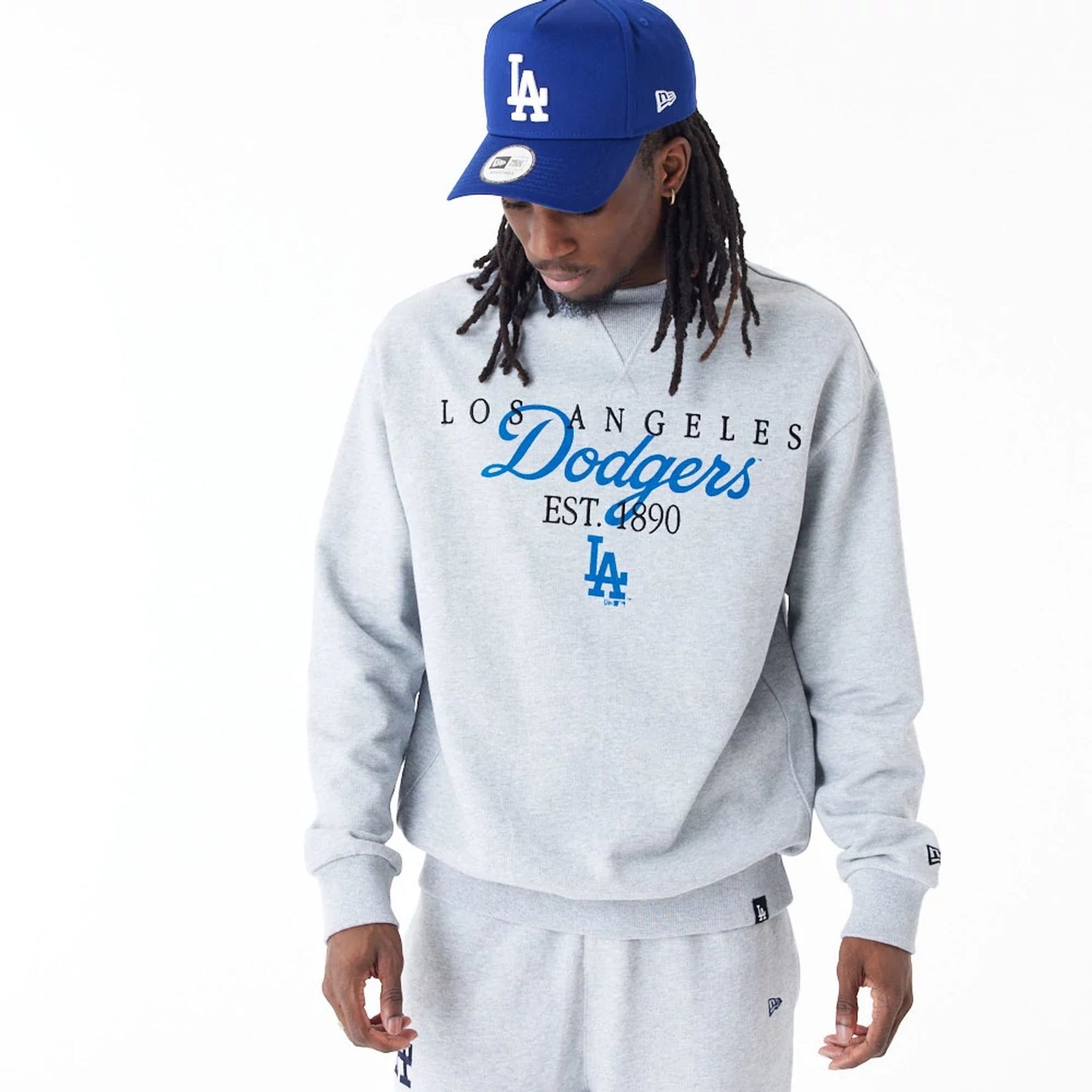 The Male model is wearing LA Dodgers MLB Lifestyle Grey Crew Neck Sweatshirt 3