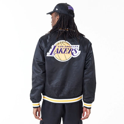 The Male model is wearing LA Lakers NBA Applique Satin Black Bomber Jacket 2