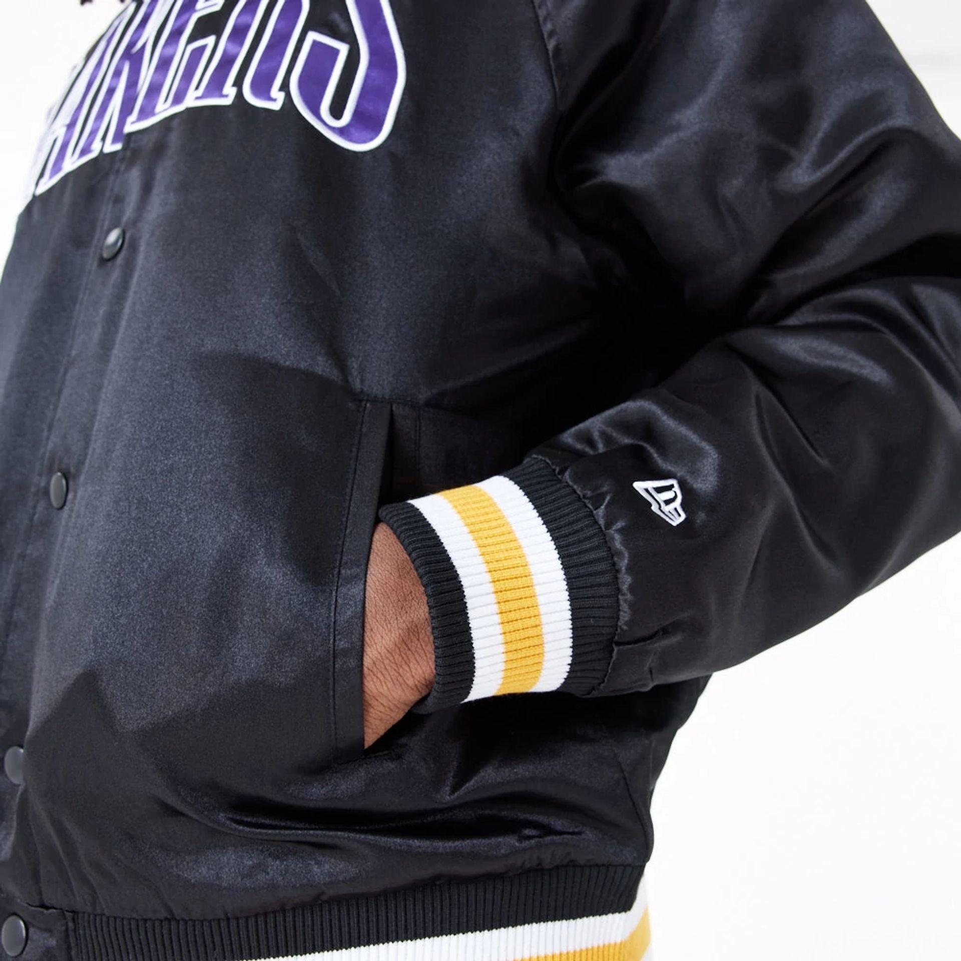 The Male model is wearing LA Lakers NBA Applique Satin Black Bomber Jacket 6