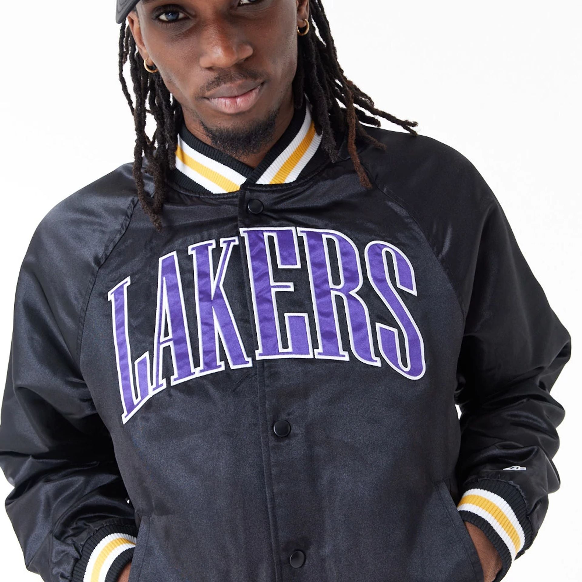 The Male model is wearing LA Lakers NBA Applique Satin Black Bomber Jacket 3