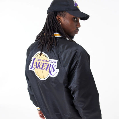 The Male model is wearing LA Lakers NBA Applique Satin Black Bomber Jacket 5