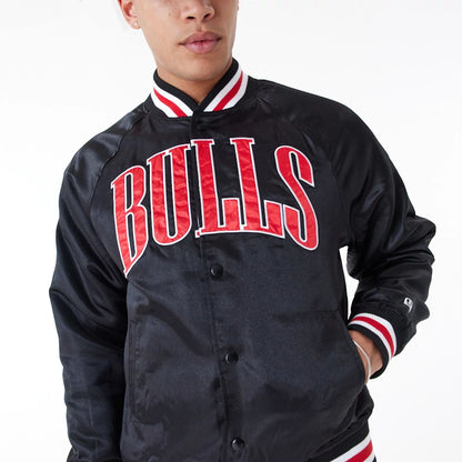 The Male model is wearing Chicago Bulls NBA Applique Satin Black Bomber Jacket 8