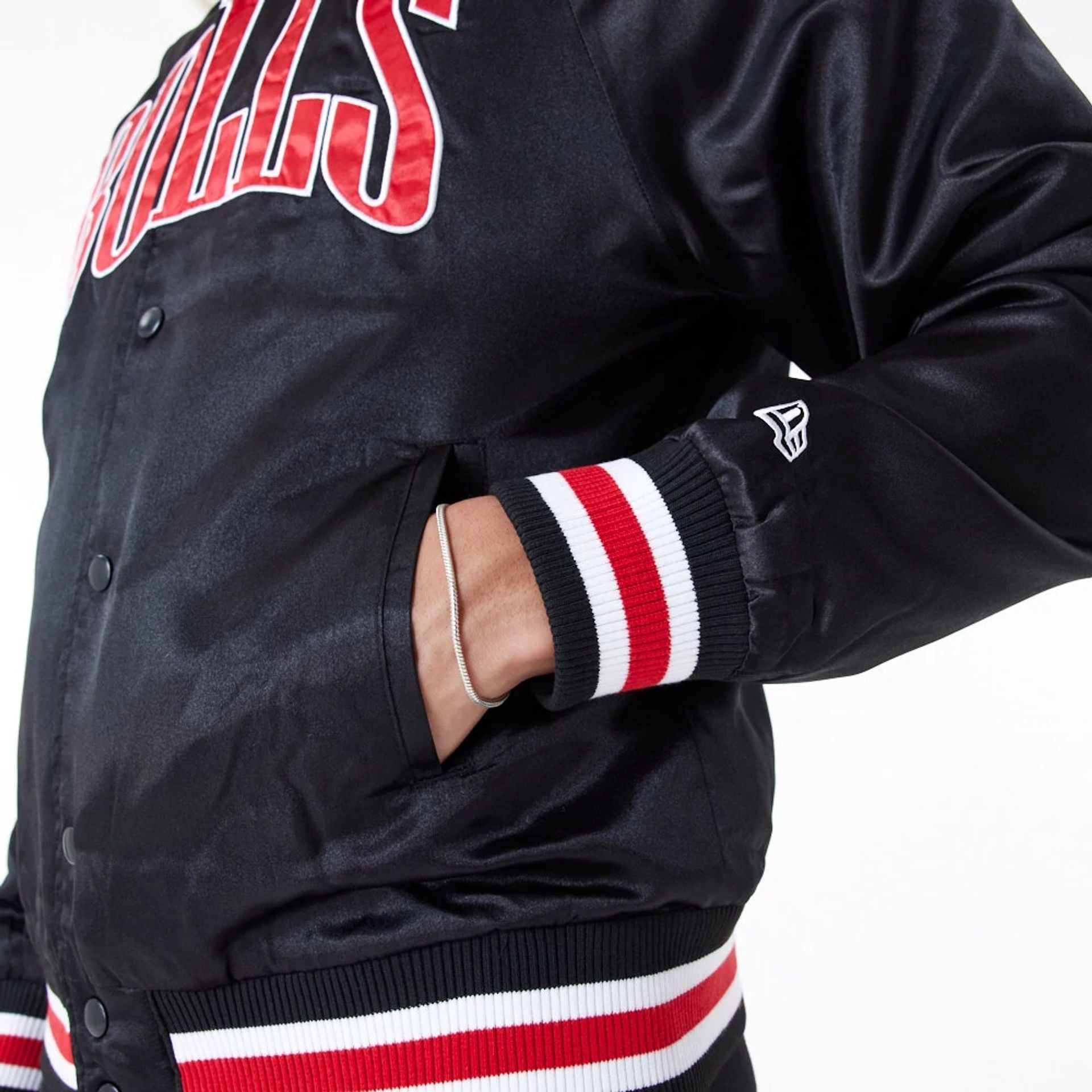 The Male model is wearing Chicago Bulls NBA Applique Satin Black Bomber Jacket 7