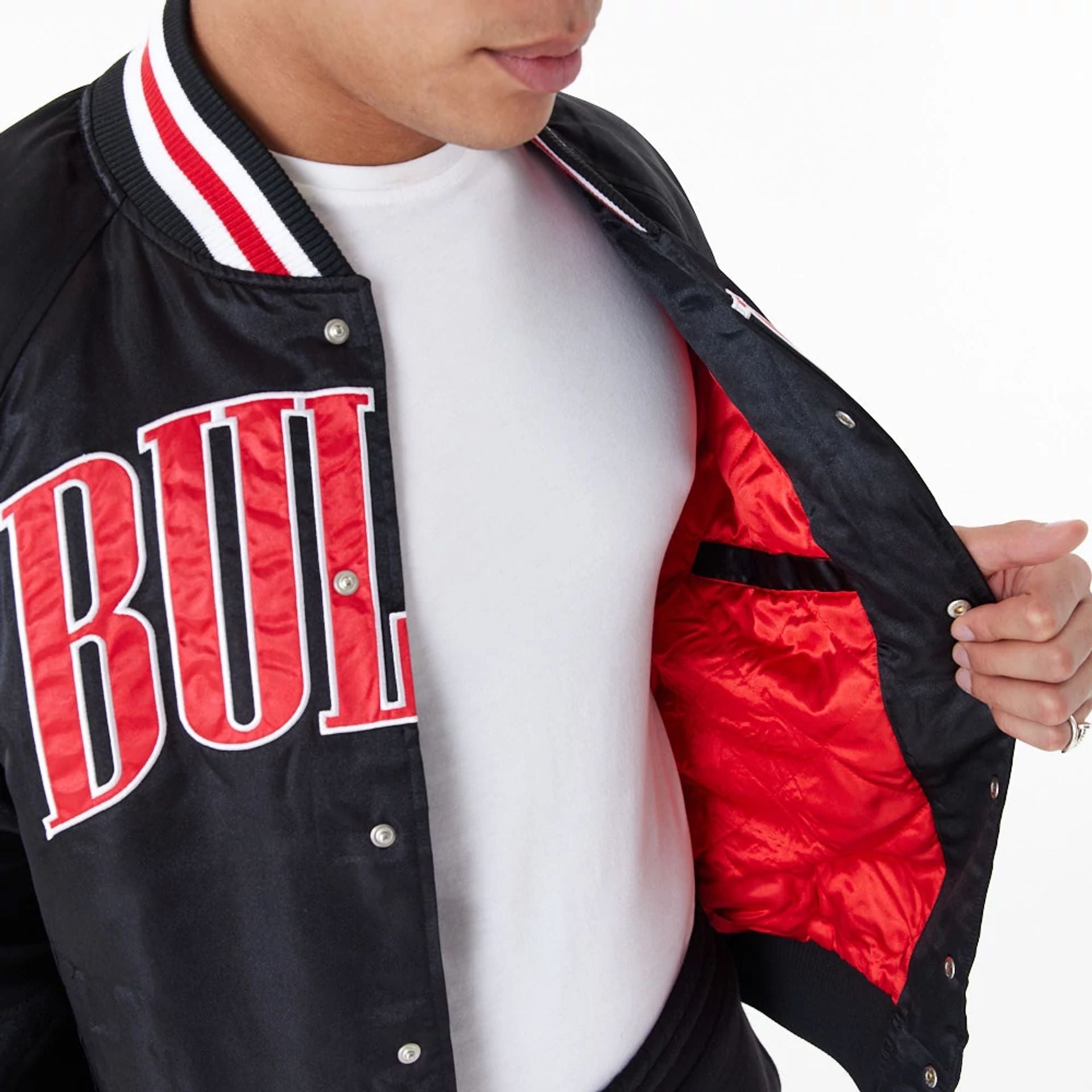 The Male model is wearing Chicago Bulls NBA Applique Satin Black Bomber Jacket 2