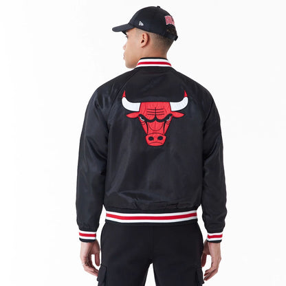 The Male model is wearing Chicago Bulls NBA Applique Satin Black Bomber Jacket 6