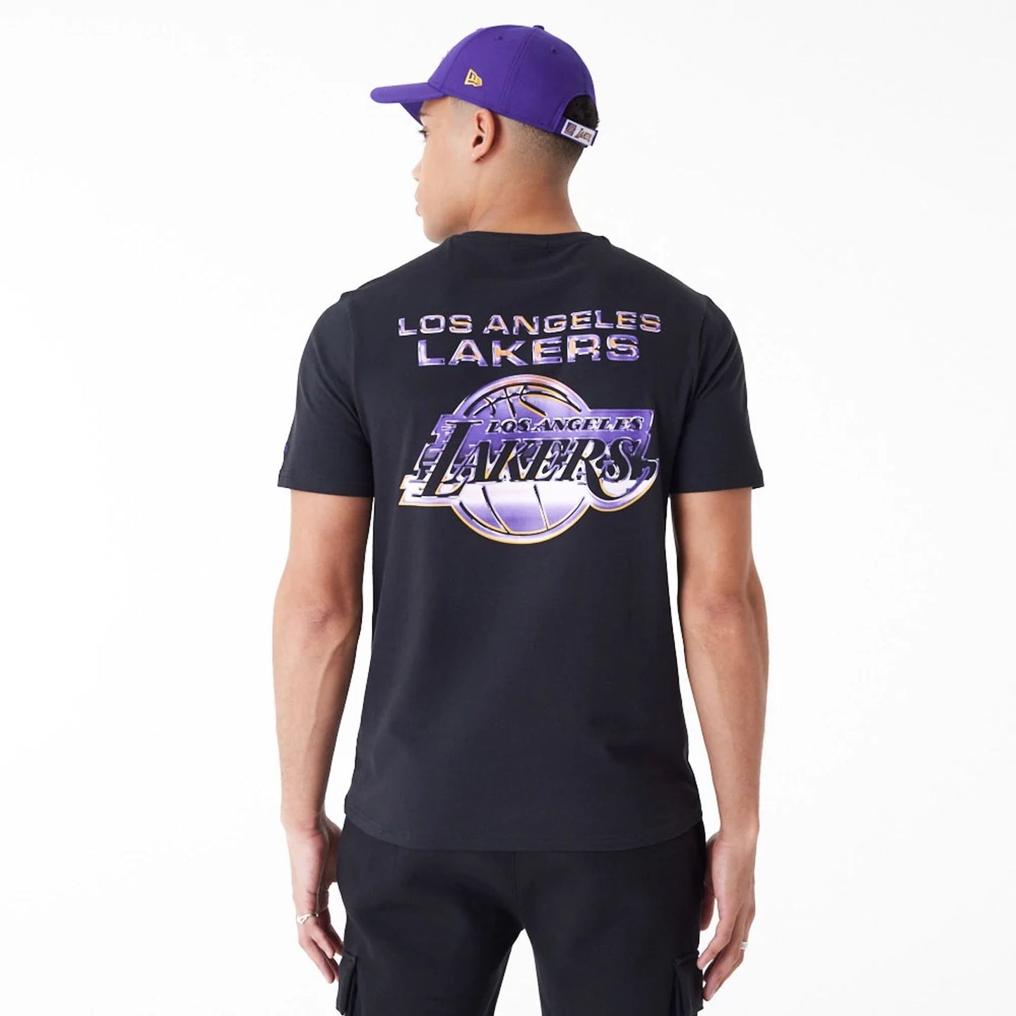 The Male model is wearing LA Lakers NBA Holographic Black Oversized T-Shirt 5