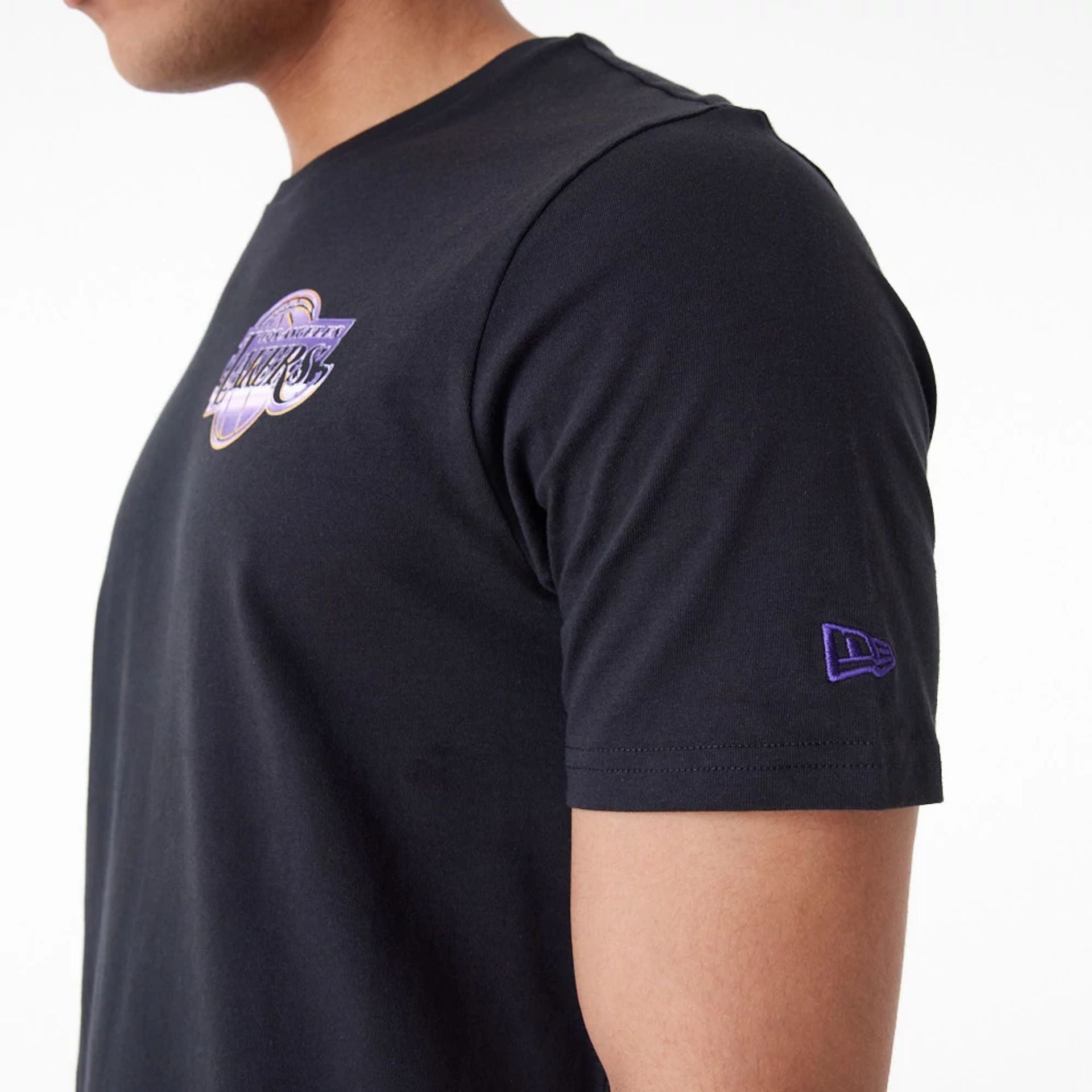 The Male model is wearing LA Lakers NBA Holographic Black Oversized T-Shirt 6