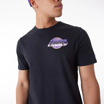 The Male model is wearing LA Lakers NBA Holographic Black Oversized T-Shirt 3