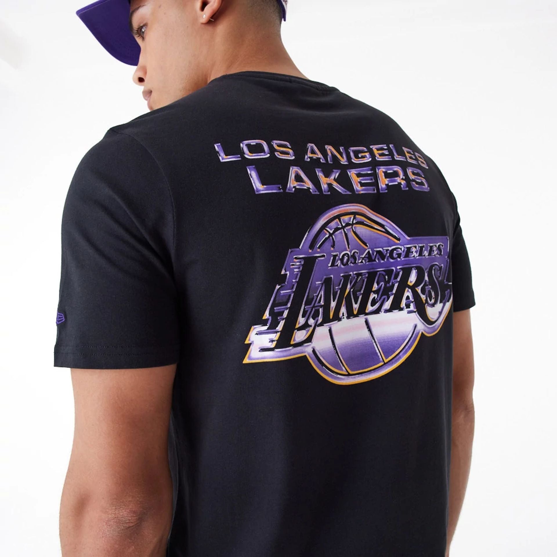 The Male model is wearing LA Lakers NBA Holographic Black Oversized T-Shirt 2