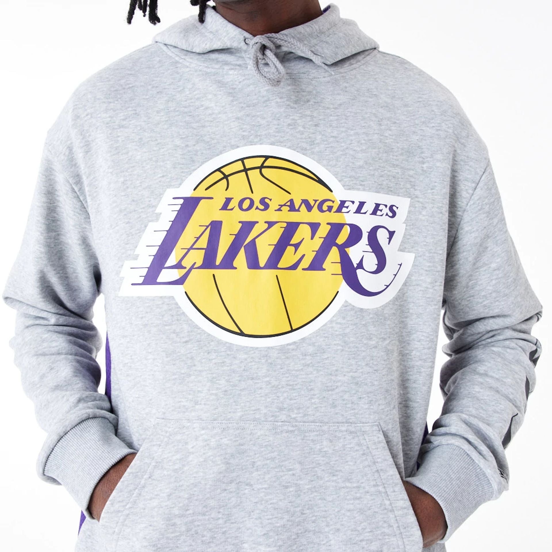 The Male model is wearing LA Lakers NBA Mesh Panel Grey Oversized Pullover Hoodie 1