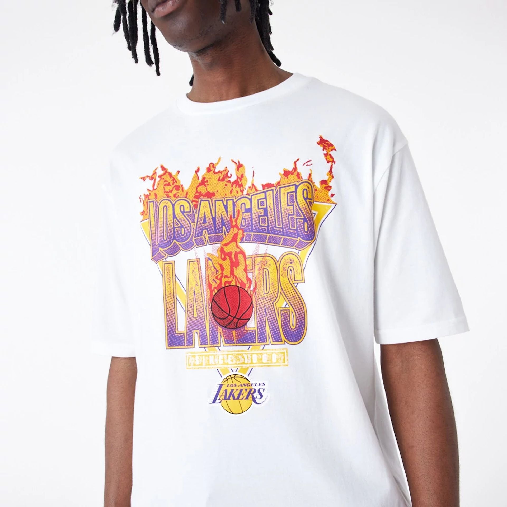 The Male model is wearing LA Lakers NBA Flame Graphic White Oversized T-Shirt 2