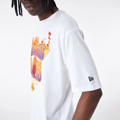 The Male model is wearing LA Lakers NBA Flame Graphic White Oversized T-Shirt 3