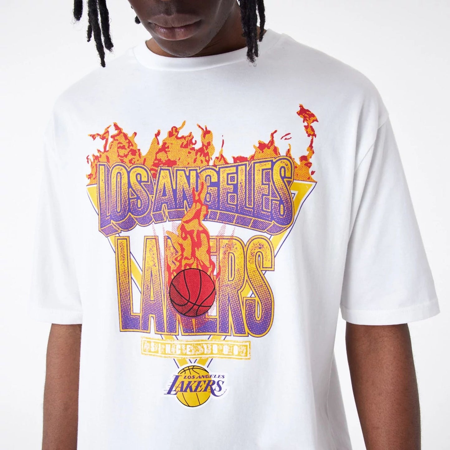 The Male model is wearing LA Lakers NBA Flame Graphic White Oversized T-Shirt 4