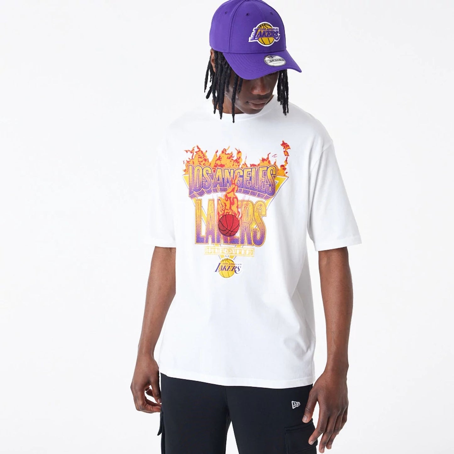 The Male model is wearing LA Lakers NBA Flame Graphic White Oversized T-Shirt 5