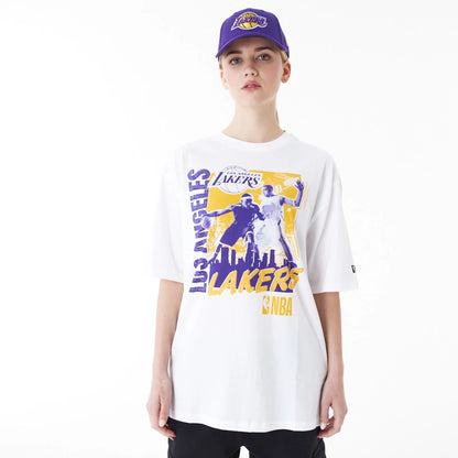 The Male model is wearing LA Lakers NBA Player Graphic White Oversized T-Shirt 3