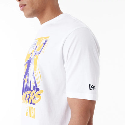 The Male model is wearing LA Lakers NBA Player Graphic White Oversized T-Shirt 4